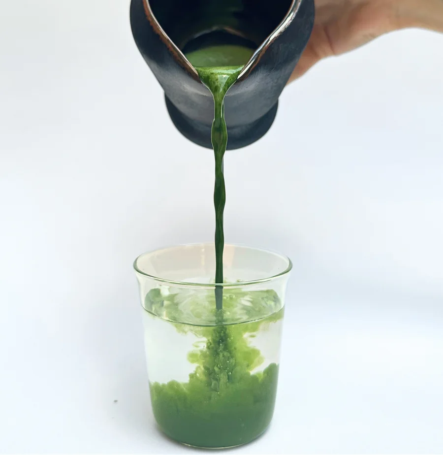 Matcha poured from a katakuchi into a glass