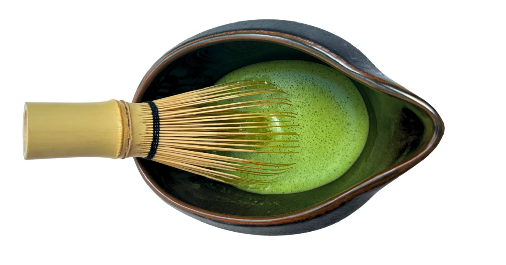 The Obsidian One-Dimensional Matcha Whisking Bowl with a chasen and whisked matcha